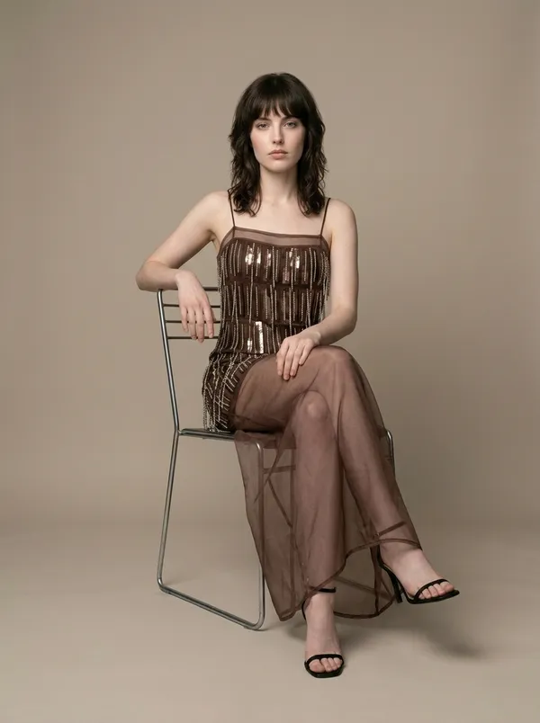 chocolate sheer organza maxi over embellished mini, worn full length in the studio