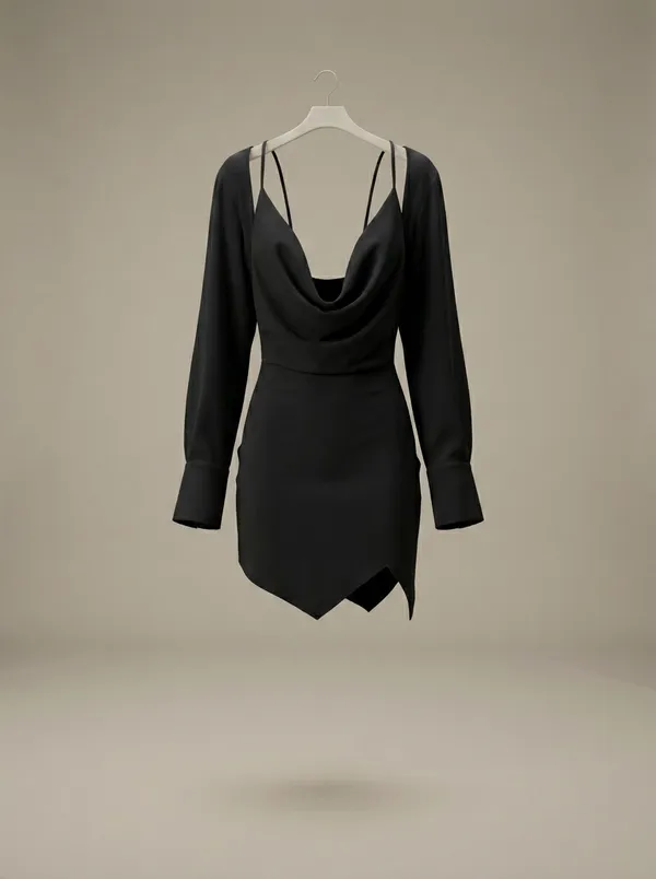 cowl shirt-mini in black, the flat