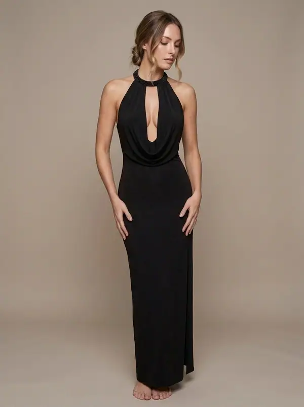 black beaded-halter keyhole slit gown worn by an AI model, studio shoot