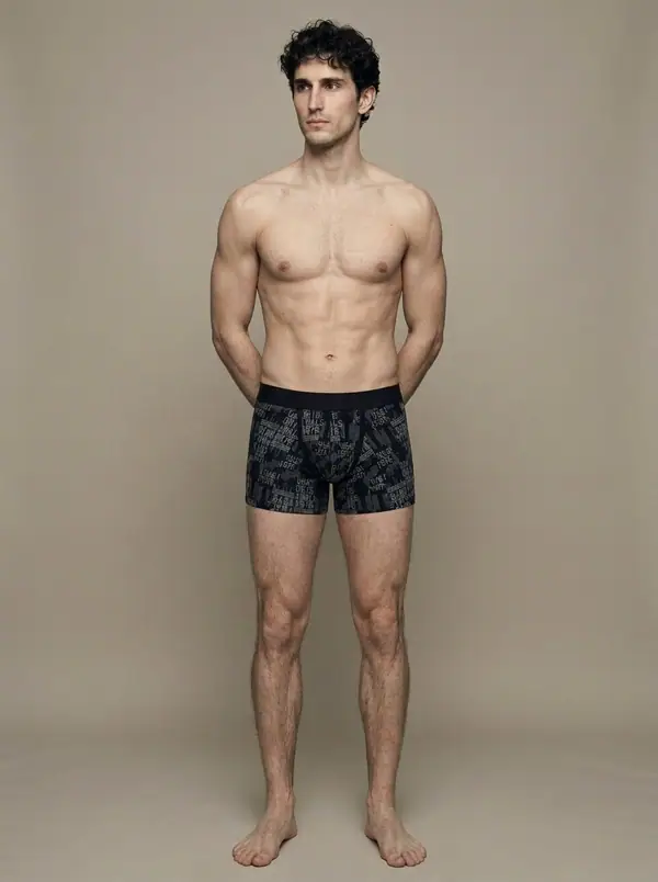 black distressed-print trunks worn by an AI male model, studio shoot