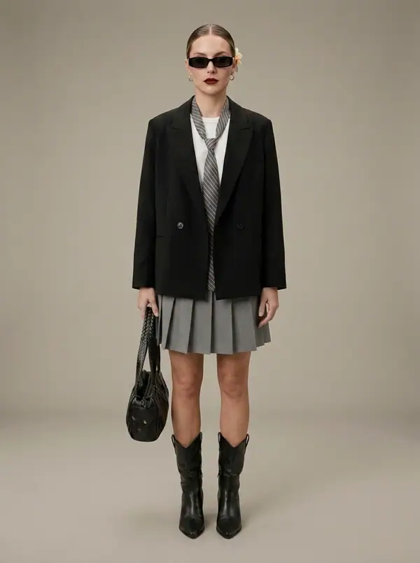 black oversized blazer + grey pleated mini schoolgirl set worn by an AI model, studio shoot