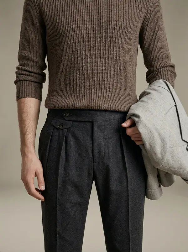 charcoal flannel double-pleat side-tab trousers worn by an AI male model, studio shoot