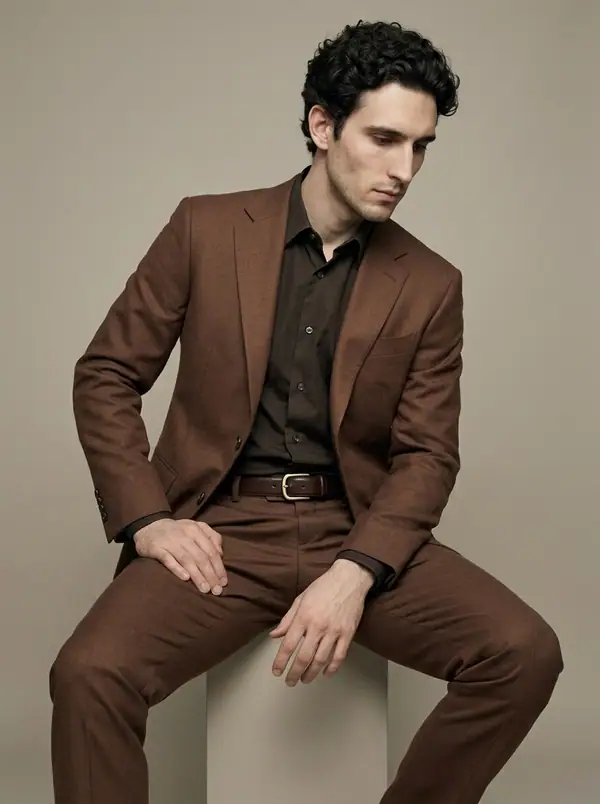 chestnut brown relaxed suit, tonal shirt worn by an AI male model, studio shoot