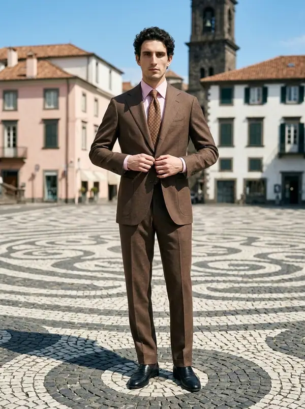 chocolate linen suit + pink shirt + medallion tie worn by an AI male model, editorial shoot