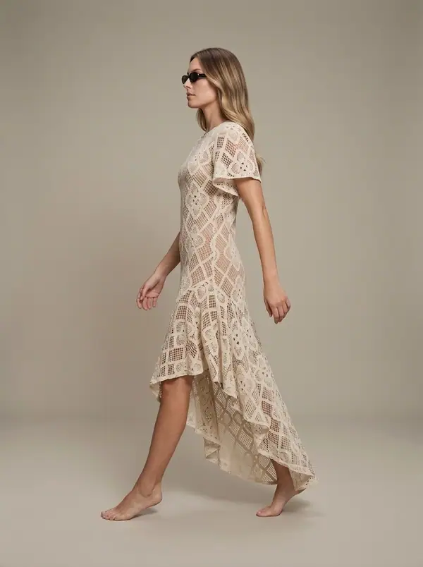 cream crochet-lace high-low midi worn by an AI model, studio shoot