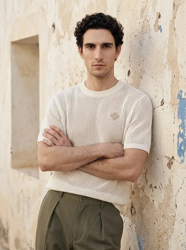 white open-mesh crochet-knit tee worn by an AI male model, editorial shoot at the limewashed wall