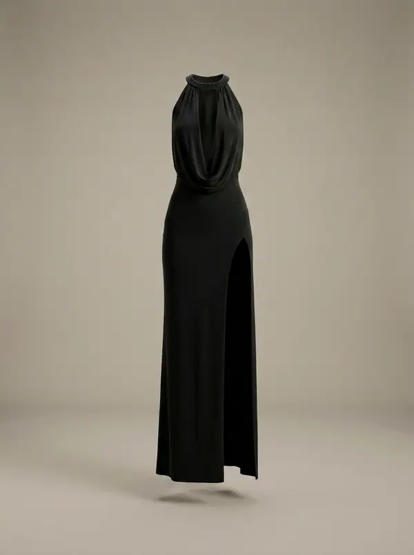 black beaded-halter keyhole slit gown, photographed as a product shot on a studio sweep