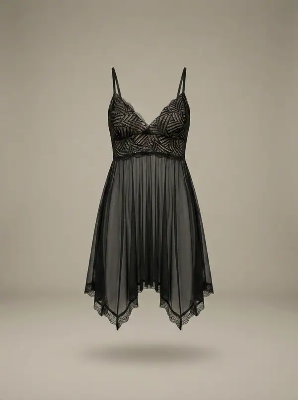 black sheer babydoll at the stone wall, photographed as a product shot on a studio sweep