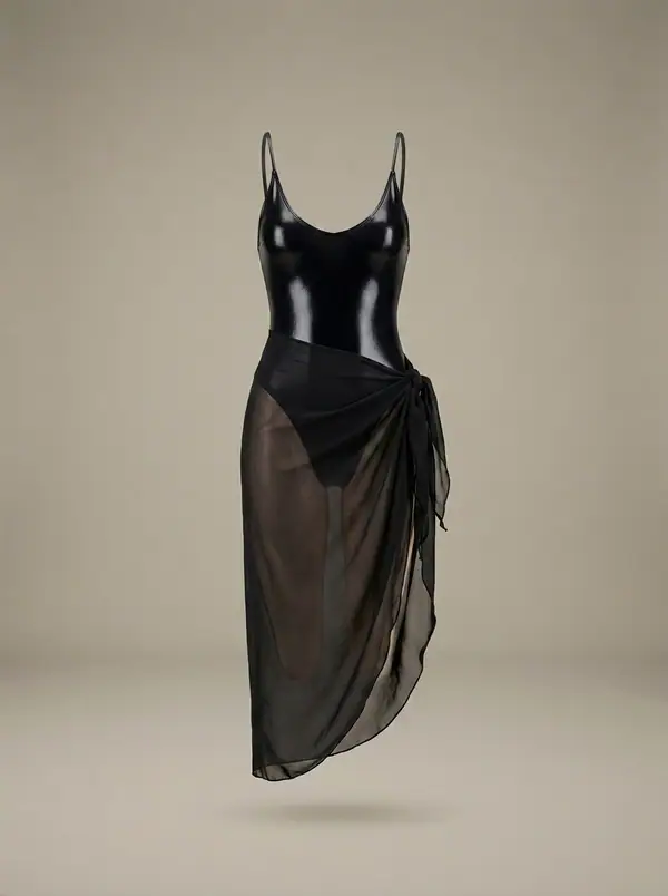 glossy black scoop-back one-piece + black sarong, sunset pool deck, photographed as a product shot on a studio sweep