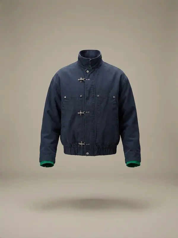 navy washed-denim clip-front bomber, photographed as a product shot on a studio sweep